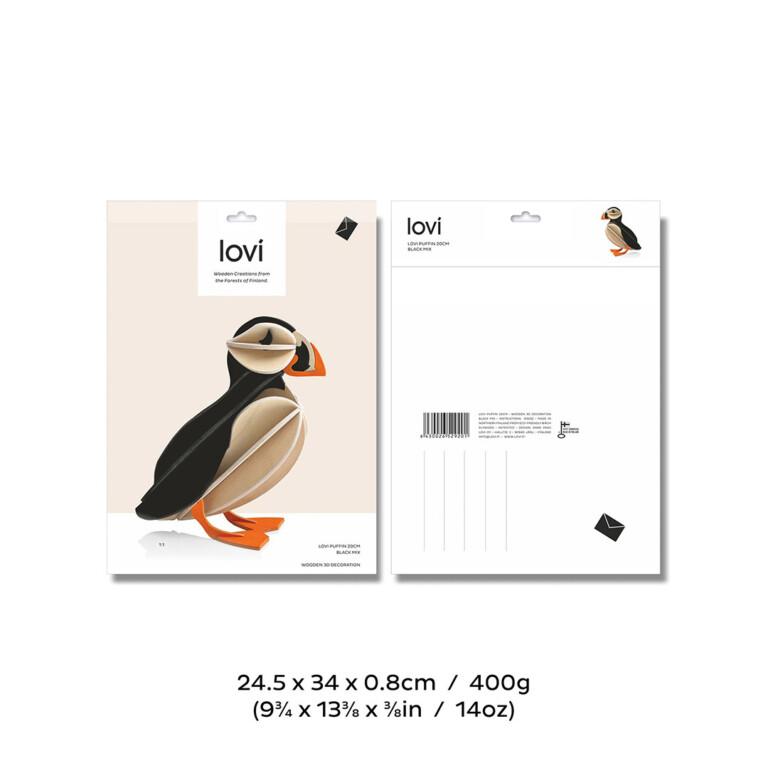 Wooden Lovi Puffin 20cm, package image with measures