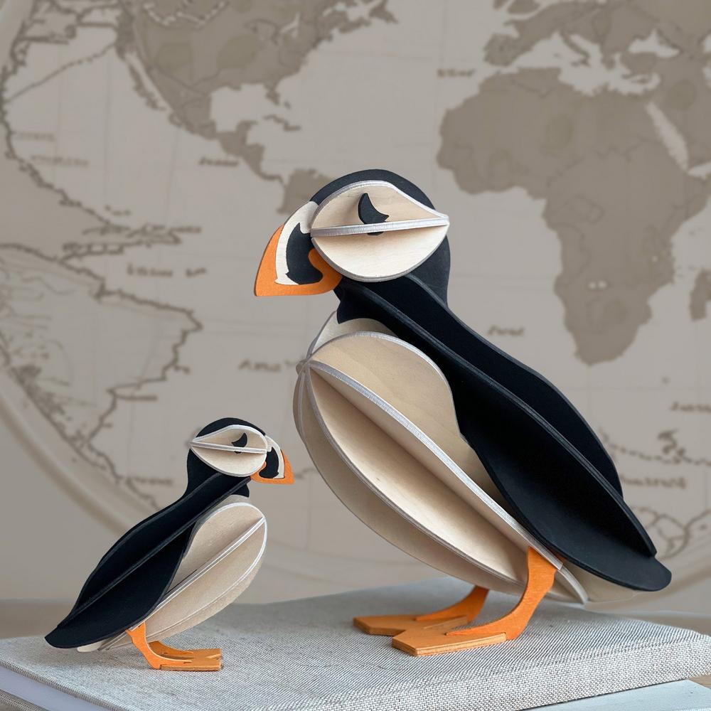Lovi Puffins, wooden puffin figures, color black mix, two sizes