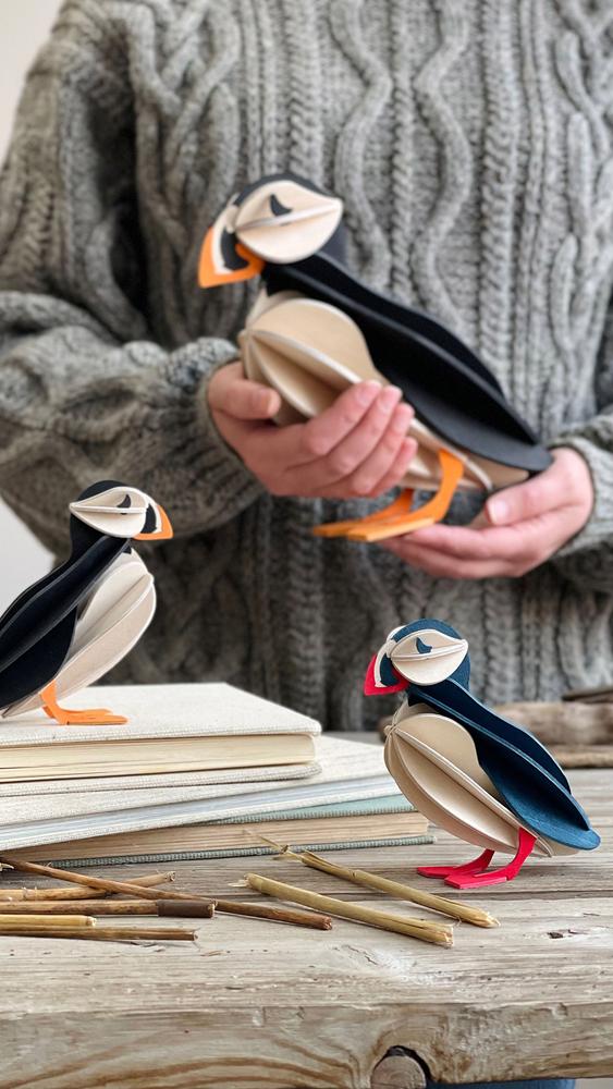 Wooden Lovi Puffins, two colors, two sizes.