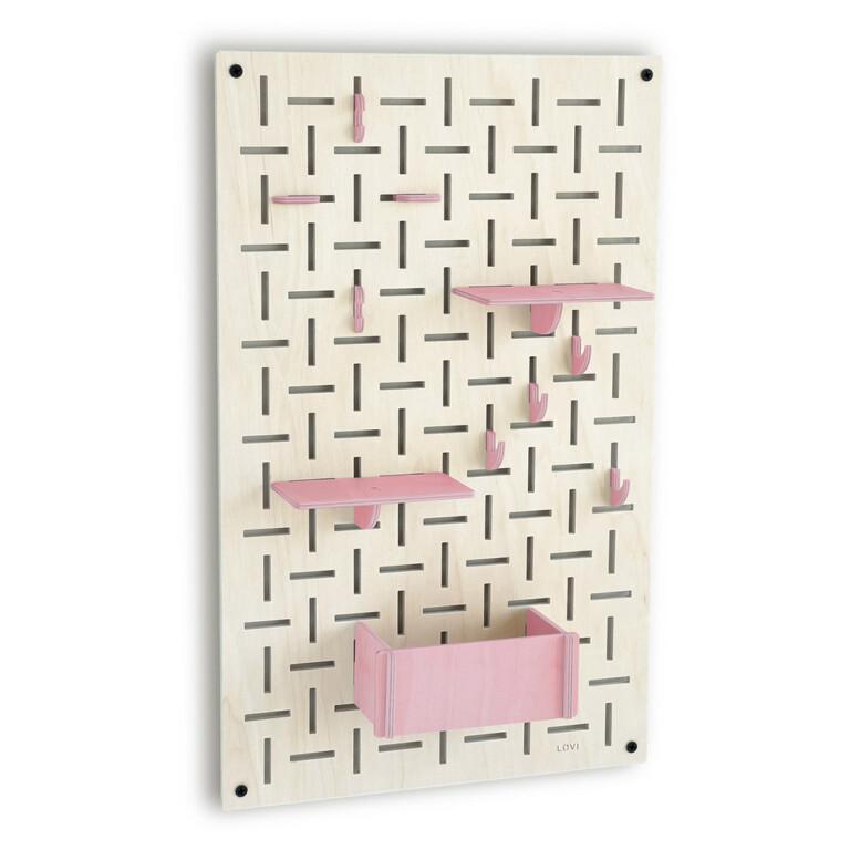 Lovi Decor Board, wooden wall storage board, natural wood board, light pink hooks and shelves.