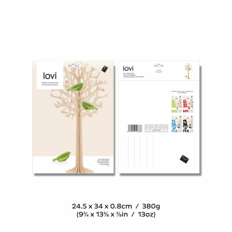 Lovi Tree 34cm, natural wood with light green minibirds, wooden decorative tree, package image.