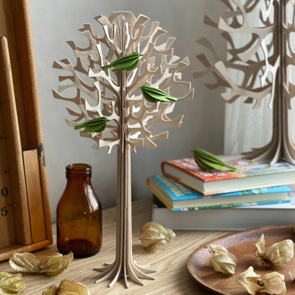 Lovi Tree 34cm natural wood with light green Lovi Minibirds, wooden decorative tree