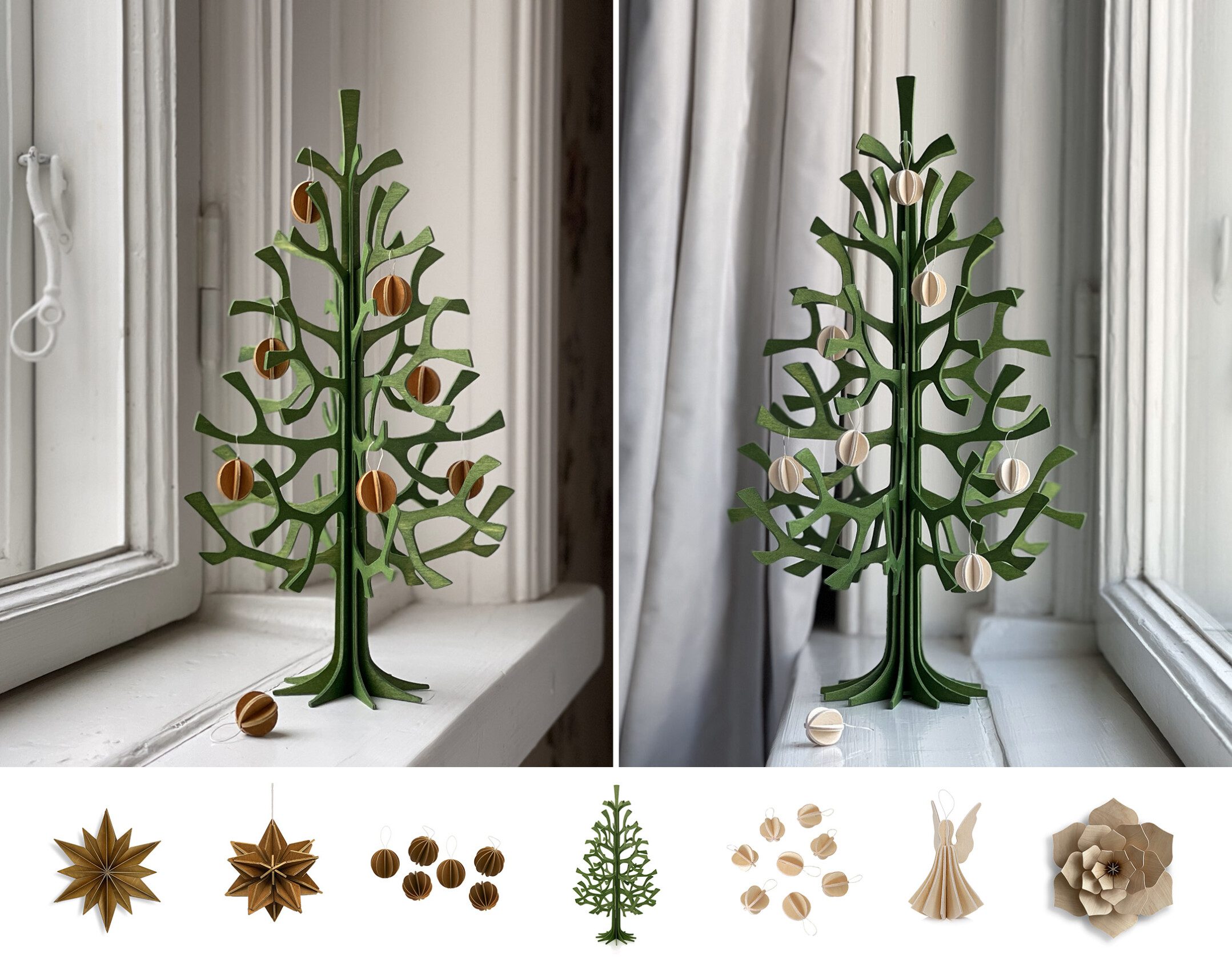 Lovi Spruces 25cm and 30cm, wooden Christmas trees, in color forest green. In addition Lovi Decor Star, Star and Baubles in cinnamon brown and Lovi Minibaubles, Angel and Decor Flower in natural wood.