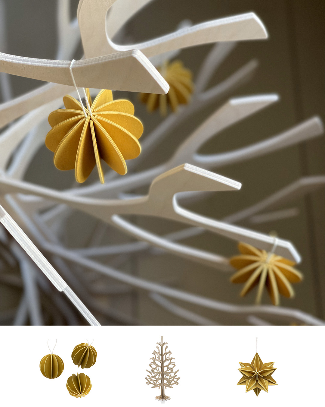 Christmas inspiration from Lovi! Wooden Lovi Baubles, Lovi Spruce and Lovi Star in colors natural wood and honey yellow.