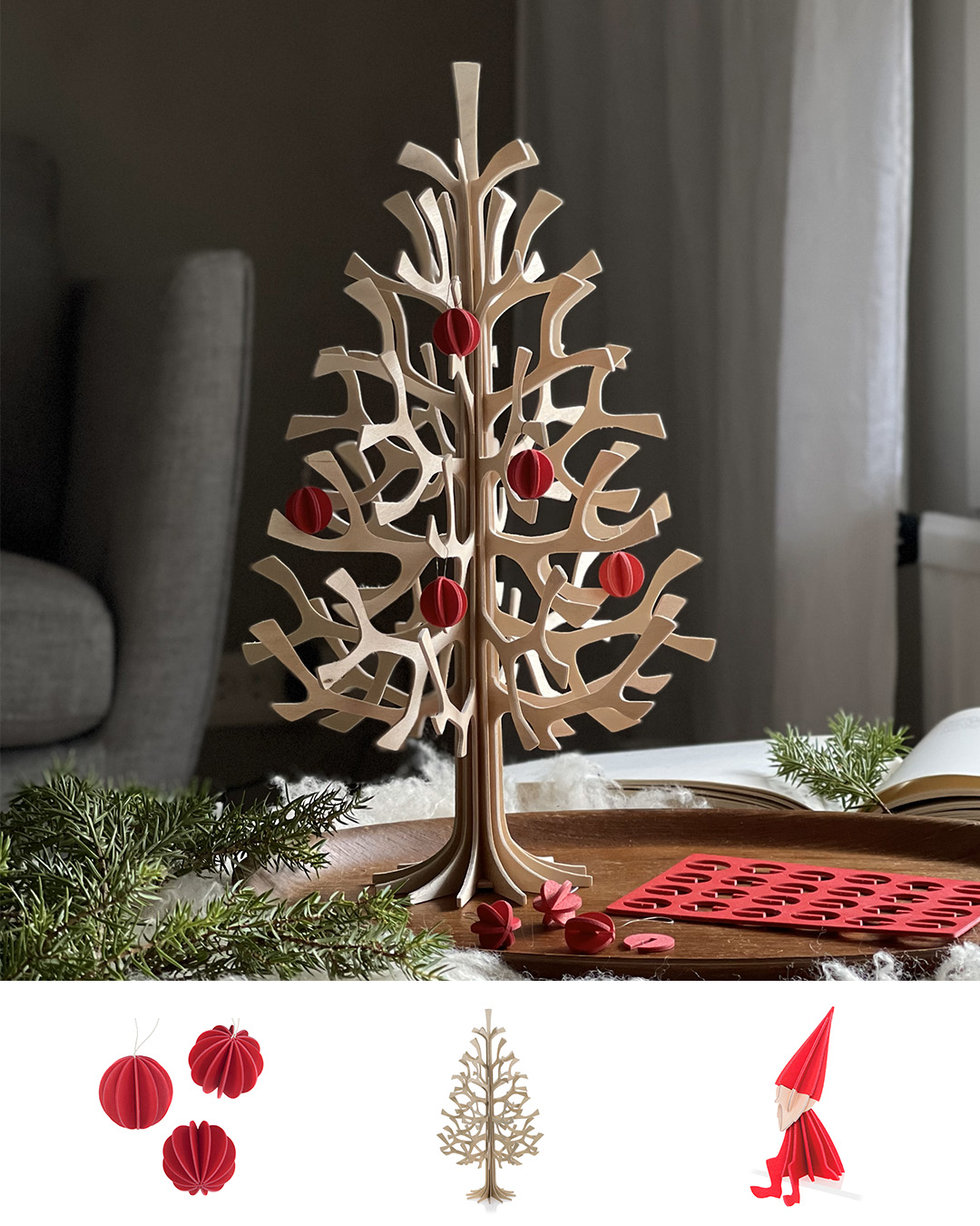 Lovi Spruce 30cm natural wood with bright red Lovi Minibaubles, Lovi Baubles and Lovi Elf. Wooden Christmas decorations.