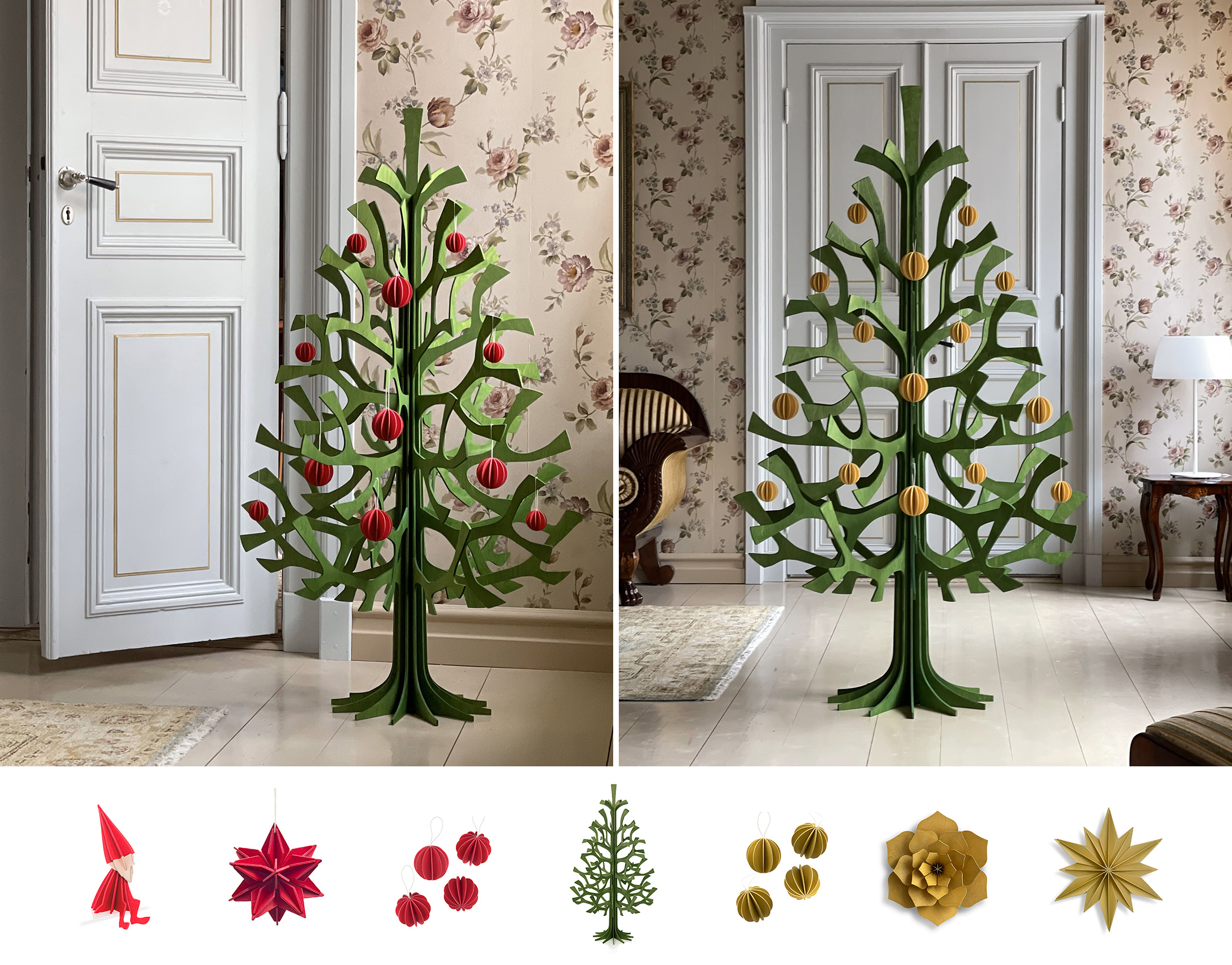 Christmas inspiration for Christmas home. Large Lovi Spruces in forest green decorated with bright red and honey yellow Lovi Baubles. In addition Lovi Elf, Star and Baubles in bright red and Lovi Decor Flower and Decor Star in honey yellow.