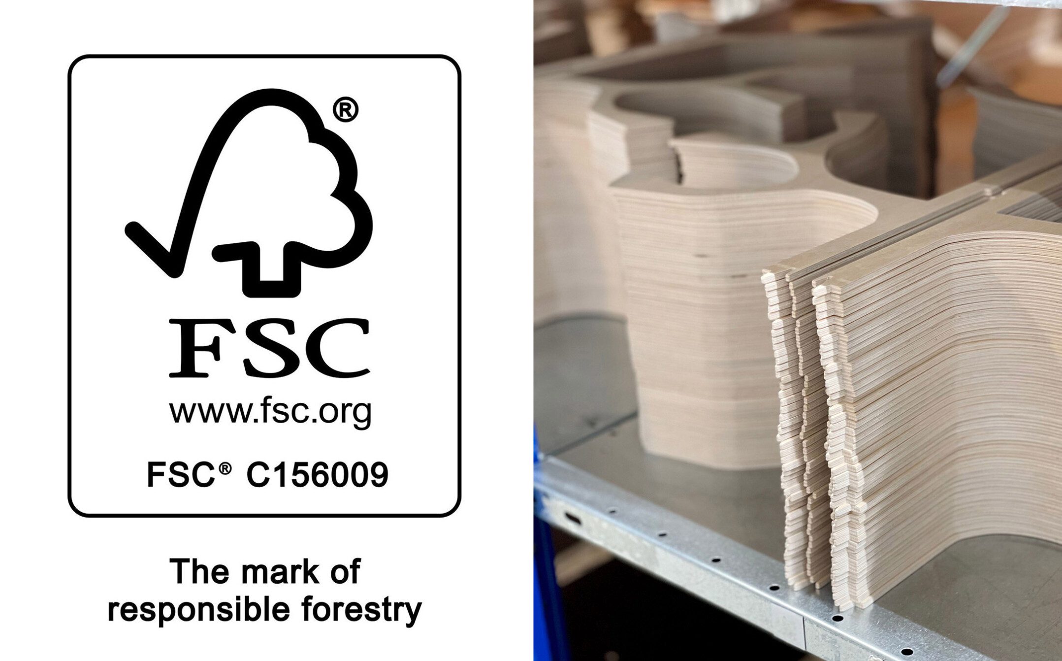 FSC (Forest Stewardship Council) logo ja FSC-sertifioidusta kotimaisesta koivuvanerista valmistettuja Lovi-kuusen osia.