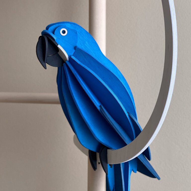 Lovi Parrot Blue - Hyacinth Macaw, wooden parrot decor sitting on the wooden crescent