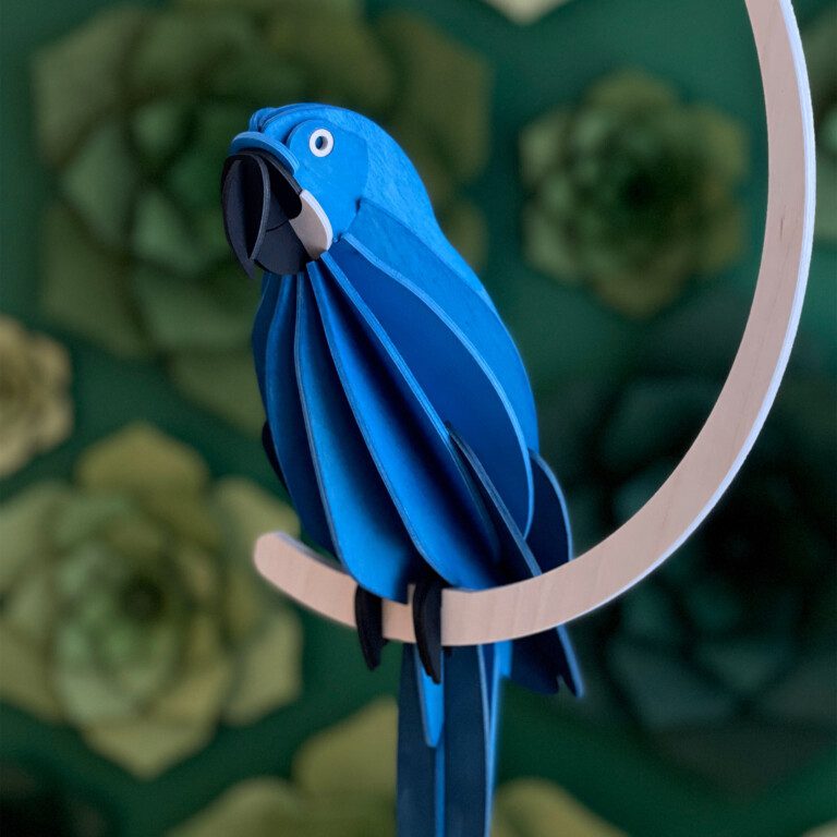 Wooden Lovi Parrot Blue - Hyacinth Macaw, decorative parrot sitting on the branch mounted on the wall.