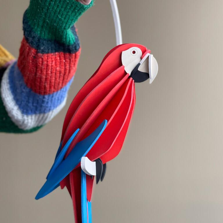 Lovi Parrot 50cm Red - Scarlet Macaw, wooden parrot figure, sitting on the wooden hanging crescent