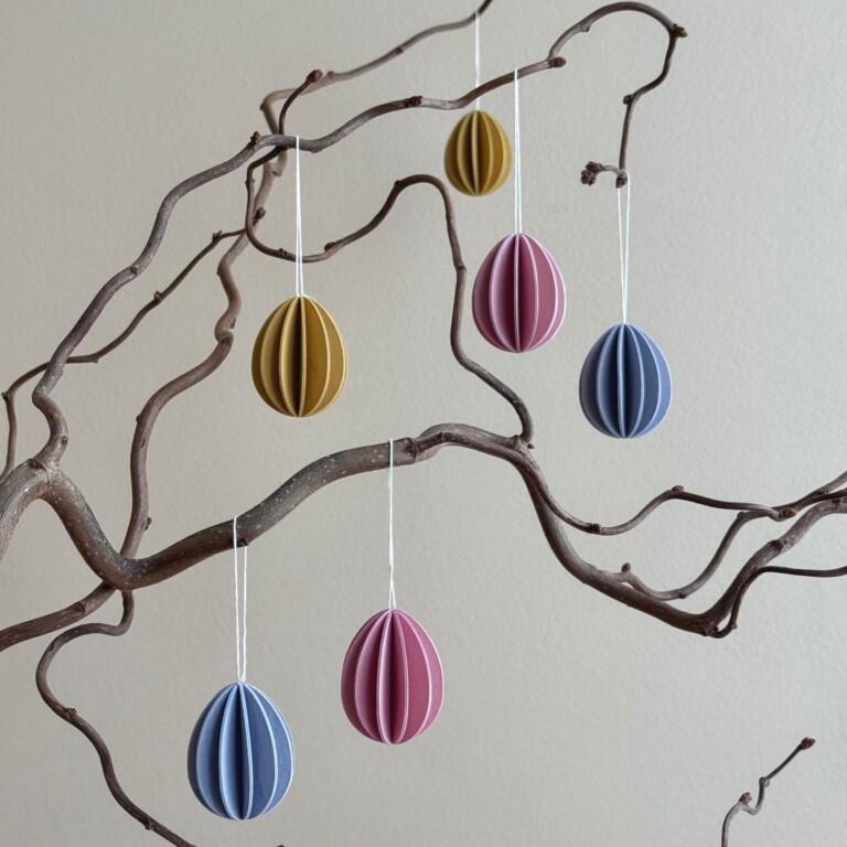 Lovi Eggs 4.5 cm, 6 pcs, wooden Easter eggs hanging on the branch. Color mix (honey yellow, light pink, flax blue).