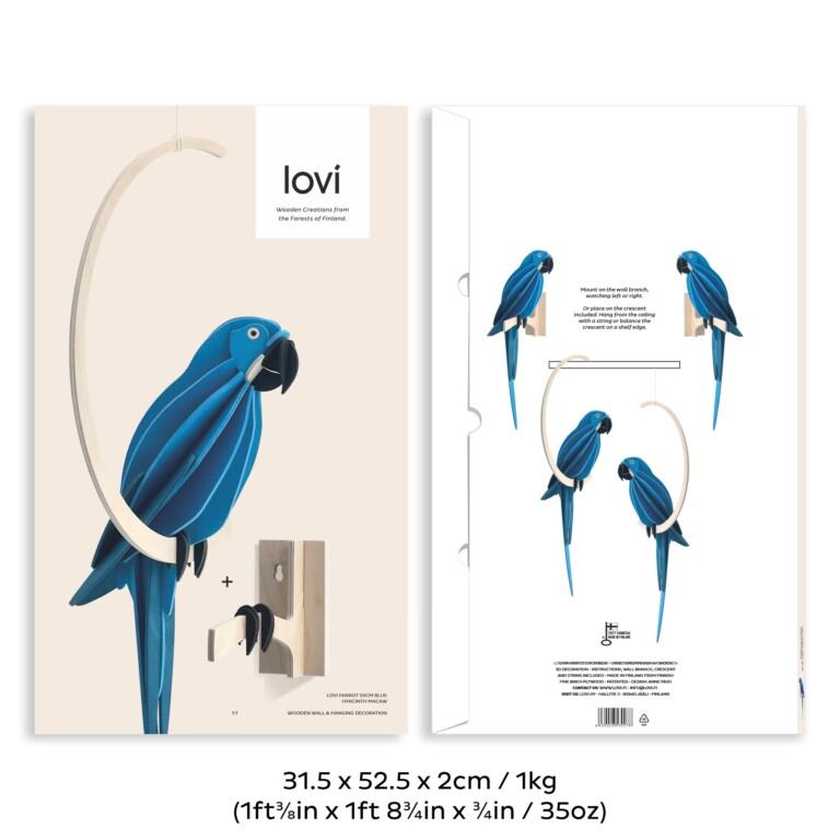 Lovi Parrot Blue - Hyacinth Macaw, wooden decorative parrot, size 50cm, package image.