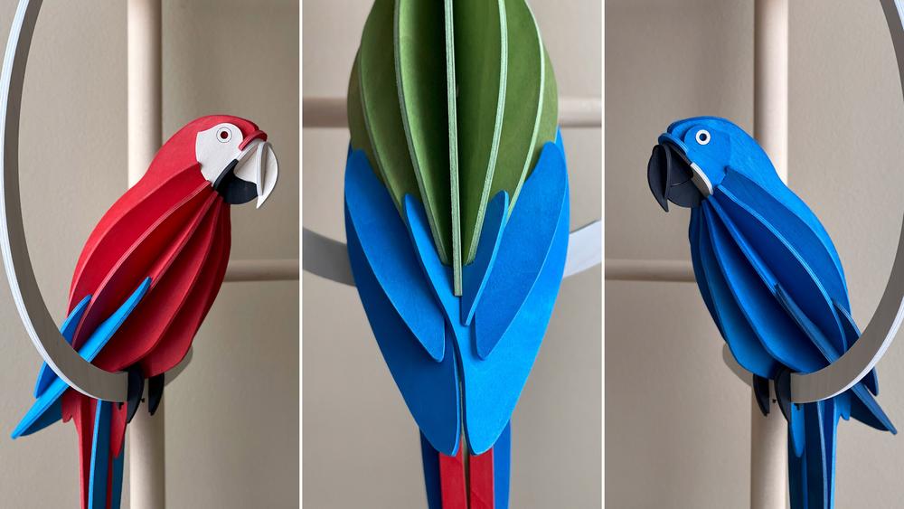 Lovi Parrots, wooden decorative parrots. Three colors: red, green and blue.