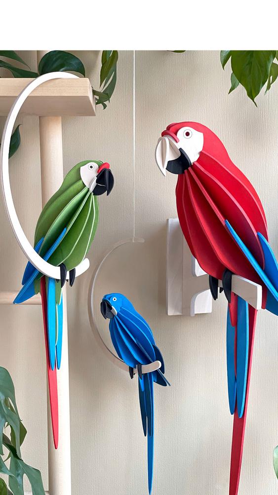 Lovi Parrots, wooden decorative parrots on the wall. Three colors: red, green and blue.