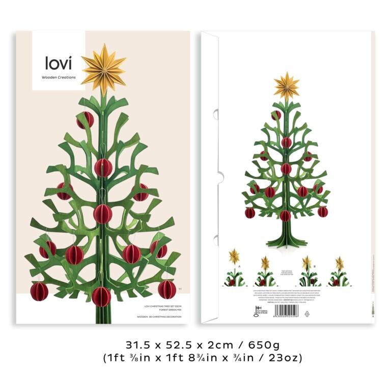 Lovi Christmas Tree Set 55cm, Forest Green Mix, wooden Christmas Tree, baubles and tree top star. Package image.