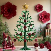 Lovi Christmas Tree Set 55cm. Wooden Christmas tree in forest green, wooden tree top star in honey yellow and 12 wooden baubles in rustic red.