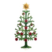 Lovi Christmas Tree Set 55cm. Wooden Christmas tree in forest green, wooden tree top star in honey yellow and 12 wooden baubles in rustic red.