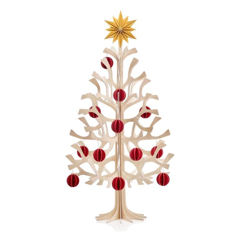 Lovi Christmas Tree Set 55cm. Wooden Christmas tree in natural wood, wooden tree top star in honey yellow and 12 wooden baubles in rustic red.