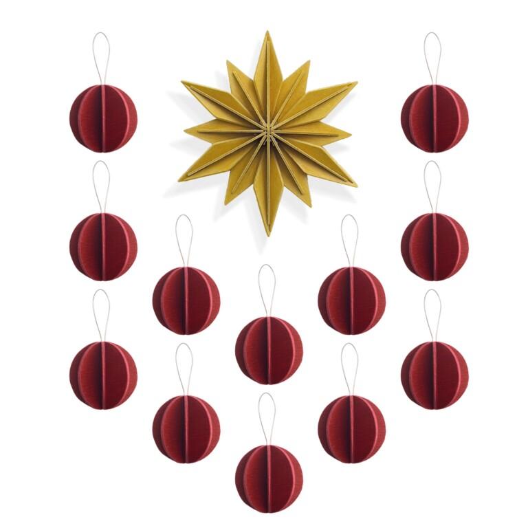 Lovi Christmas Decoration Set 10cm/3.3cm, wooden tree top star in honey yellow and baubles in rustic red.