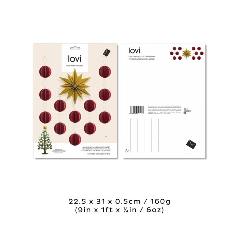 The package of Lovi Christmas Tree Decoration Set 10cm/3.3cm, wooden decorations for tabletop Christmas trees.