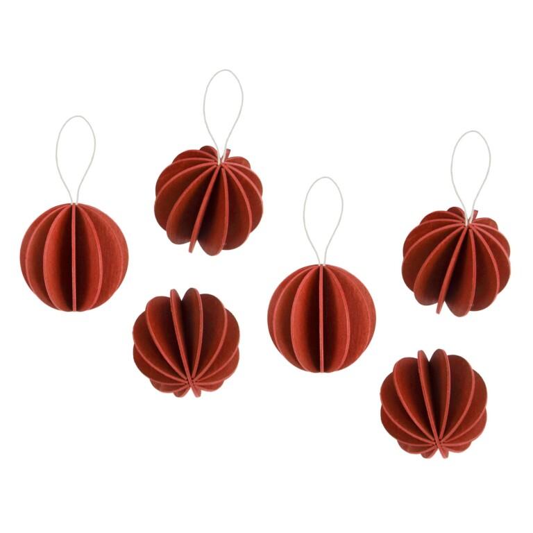 Six pieces of The Original Lovi Baubles 4cm, wooden Christmas Baubles, color rustic red.