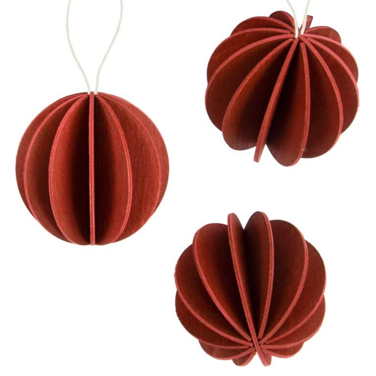 Three pieces of The Original Lovi Baubles 8cm, wooden Christmas Baubles, color rustic red.
